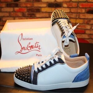 Christian Louboutin White and Blue Sneakers with Metallic Spikes
